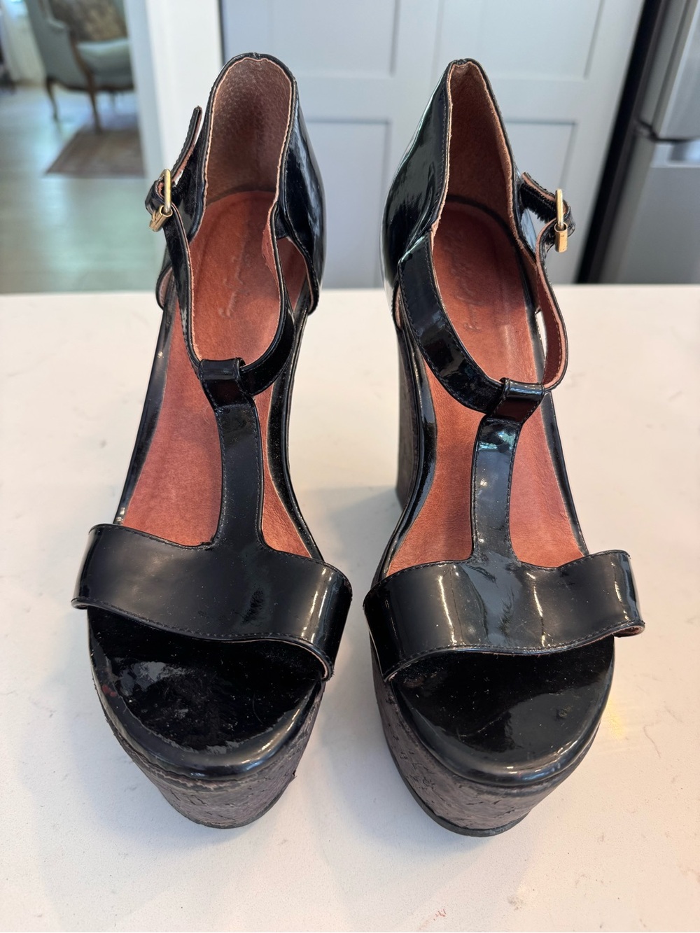 Elizabeth and James Black Patent T-Strap Cork Platform